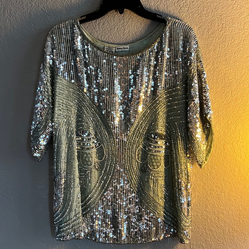 Neimann Marcus sequin beaded blouse size S/M mint aqua light blue silver